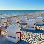 Weiß lackierte Strandkörbe auf Sandstrand mit Blick auf Meer und Horizont.