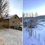 Ein Haus mit Schneebedecktem Grundstück und Bäumen im Winter.