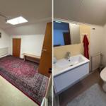 Schlafzimmer mit Teppich und Bank. Badezimmer mit Waschbecken und Toilette.