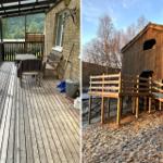 Terrasse mit Tisch und Stühlen neben Haus. Holzschuppen mit Rampe.