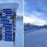 Schneeverhangener Wegweiser zeigt Richtungen zu Orten wie Sysslebäck und Bredsjön.
