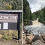 Willkommenstafel und wilder Fluss in der Natur