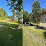Grüner Garten mit Hunden. Haus mit Steinweg und Parkplatz.