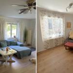 Wohnzimmer mit Sofa, Tisch und Decke. Nebenraum mit Stuhl, Tisch und Fenster.