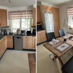 Küche mit Holzschränken und Essbereich mit Tisch und Bänken.