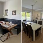 Esszimmer mit Tisch, Stühlen und Fenster. Blick in Wohnbereich mit Sofa und Hund.