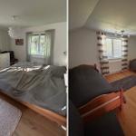 Zwei Schlafzimmer mit Holzböden und Fenstern mit Vorhängen.
