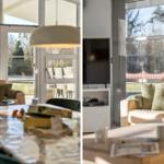 Living area with sofa, TV, and large window. Dining area with table and chairs.