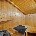 Sauna with wooden walls, bench, and stone tray