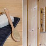 Sauna with wood finish, bath brush, and towel.