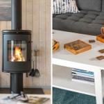 Wood-burning stove and living room with sofa and table.