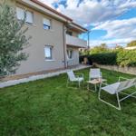 Backyard with lawn, seating area, and olive tree.