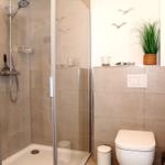 Dusche mit Duschbrause, Toilette und Pflanze an der Wand.