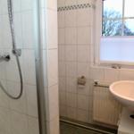 Badezimmer mit Dusche, Waschbecken und Fenster.