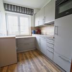 Küche mit Fenster, Schränken, Spüle und Kühlschrank.