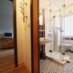 Badezimmer mit Dusche, Waschbecken und Toilette. Im Hintergrund Küche mit TV.