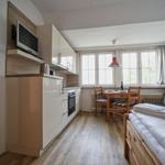 Küche mit Essbereich und Schlafsofa. Holzboden und große Fenster.