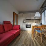 Wohnküche mit rotem Sofa, Holztisch und Küchenschränken.