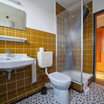 Badezimmer mit Dusche, Waschbecken und Toilette. Wandfliesen und Mosaikboden.