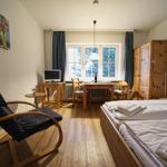 Zimmer mit Doppelbett, Schreibtisch, TV und Fenster mit Blick auf Bäume.