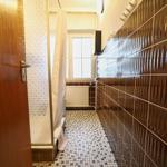 Badezimmer mit braunen Fliesen, Mosaikboden und Fenster