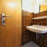 Badezimmer mit Waschbecken, Spiegel und Holztür.