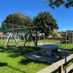 Large playground with swing, slide, and ping pong table on green lawn.