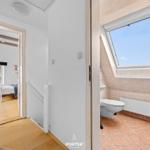 Badezimmer mit Dachfenster und Toilette. Nebenraum mit Bett und Fenster.