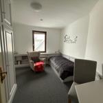 Ein Zimmer mit Bett, Sessel, Schreibtisch und Wanddekoration.