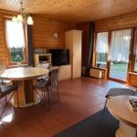 Wohn- und Essbereich mit Holzwand, Terrasse und Esstisch