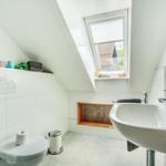 Badezimmer mit Dachfenster, Waschbecken und Toilette.