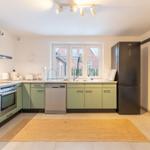 Küche mit grünen Schränken, Edelstahlgeräten und Fensterblick.