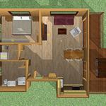 Übersicht über die Wohnung mit Schlafzimmer, Wohnbereich, Küche und Bad.