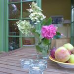 Holztisch mit Blumen, Obst und Wein vor grünen Fenstern.