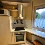 Küche mit Herd, Backofen, Dunstabzug und Fenster