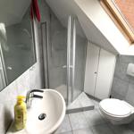 Badezimmer mit Dusche, Waschbecken und Toilette unter Dach