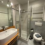 Badezimmer mit Dusche, Waschbecken und Toilette.