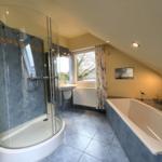 Bad mit Dusche, Badewanne und Fenster mit Blick.
