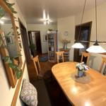 Essbereich mit Holztisch, Stühlen und Deckenleuchte. Im Hintergrund Bücherregal und Flur.