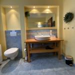 Badezimmer mit Waschtisch, Spiegel, Toilette und Heizung.