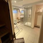 Bad mit Dusche, Waschbecken und Sauna im Hintergrund