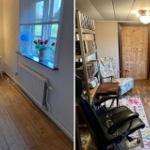 Schlafzimmer mit Bett, Nachttisch und Fenster. Nebenraum mit Sesseln, Bücherregal und Teppich.