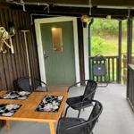 Terrasse mit Tisch, vier Stühlen und grüner Tür. Holzwand und Gartenblick.