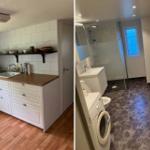 Küche mit Holzoberfläche und weißen Schränken. Badezimmer mit Dusche und Waschmaschine.