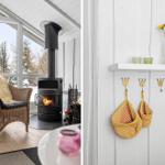 Living area with fireplace and seating. Adjacent space with hooks and basket.