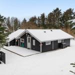 Black wooden house with snow, surrounded by evergreens and a snowy terrace.