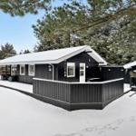 Black wooden cabin with snow-covered roof and terrace under trees.