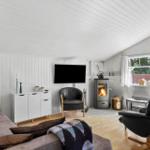 Living room with fireplace, sofa, TV, and armchairs.