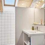 Badezimmer mit Dusche, Waschbecken und Toilette unter Holzdecke mit Dachfenster.