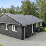 Black wooden house with white windows and garden area